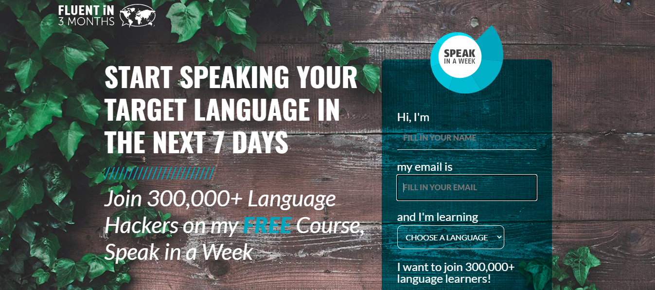 Giao diện của trang web truy cập khóa học "Speak In a Week"